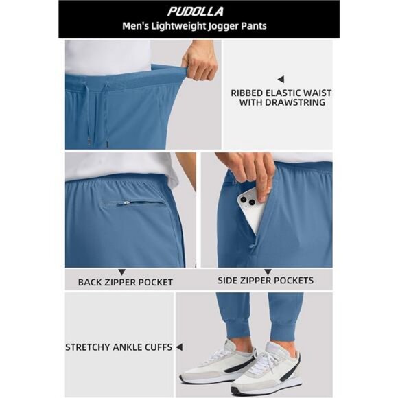 Mens Joggers with Zipper Pockets Lightweight Sweatpants Athletic Pants for Gym - Picture 4 of 7